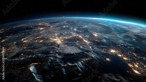 Stunning View of Earth from Space at Night with City Lights.