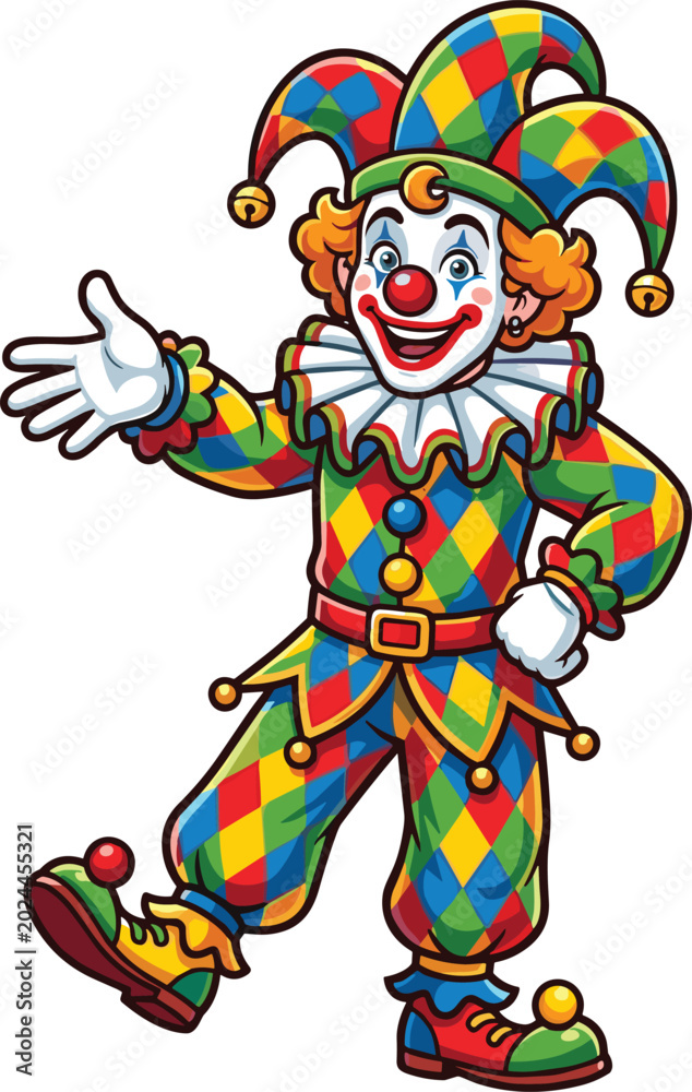 Obraz premium Colorful cartoon clown character in jester costume with diamond pattern cheerful expression and welcoming pose creative artwork design