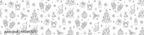 Christmas Doodle Wide Seamless Banner Holiday Pattern Vector