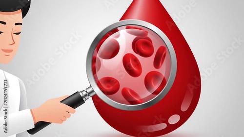 Medical Science 2D flat illustration of a doctor using a magnifying glass to inspect human blood cells.