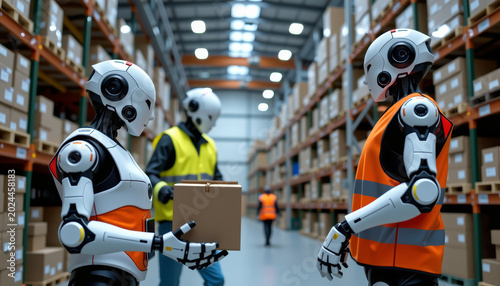 Humanoid robots automating logistics tasks in smart supply chain industry modern warehouse action scene