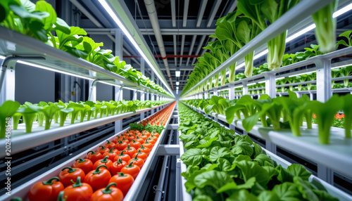 Modern Vertical Farming System with Hydroponic Vegetables and Smart Indoor Agriculture Technology.