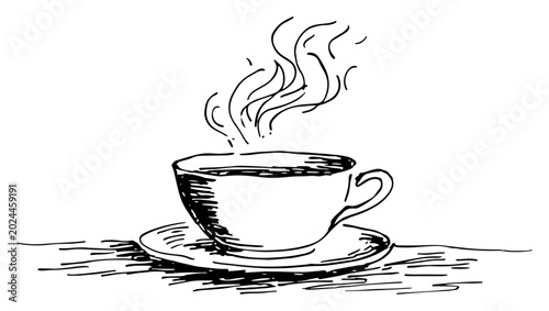 Obraz na plátně Hot cup of coffee with rising steam on a saucer in artistic ink sketch style