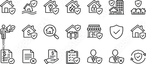 Photos Home insurance and property protection line icons set