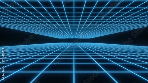 Abstract Matrix Futuristic infinite blue glowing digital grid perspective lines moving in dark space.