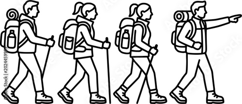 Hiking People Line Art Illustration with Backpackers, Trekking Poles, Outdoor Adventure Travelers and Walking Tourist Group Isolated on White Background
