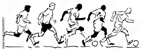 Foto Football players group running and dribbling the ball in hand drawn sketch style