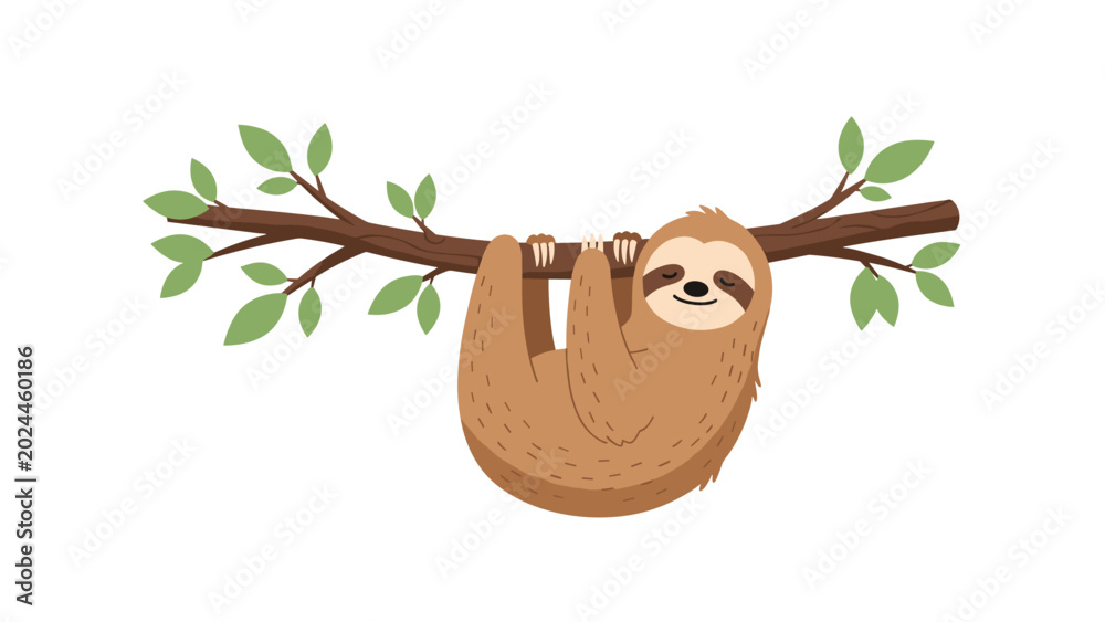 Fototapeta premium Peaceful sloth sleeping while hanging from a tree branch with green leaves against a simple white background for nature themes.