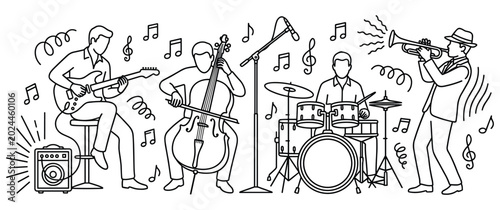 Tableau sur toile Jazz band performing music on stage outline vector illustration.