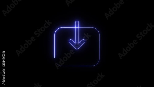 Neon blue download icon glowing arrow pointing down into box on black background digital of a symbol