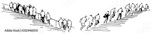 Photos People walking up stairs in a crowded urban environment in hand drawn sketch sty