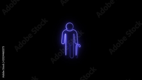 Elderly man with walking stick neon blue glowing icon on black background a representing a senior