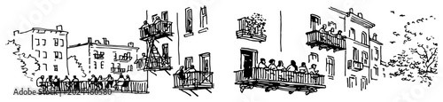 Fotografie Apartment buildings with people on balconies in urban neighborhood sketch style