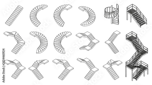 Architectural Staircase CAD Block Set Featuring Spiral, Curved and Industrial Isometric Stair Designs