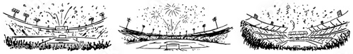 Fotografi Sports stadium arenas with fireworks and cheering crowds in panorama sketch styl