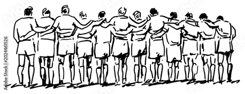 Photos Male sports team standing together with arms on shoulders in hand drawn sketch s