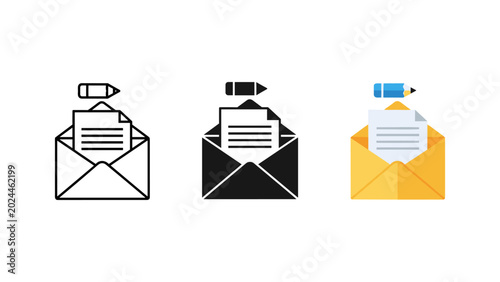 Obraz na płótnie Set of email icons with pencil envelope communication document illustration silh