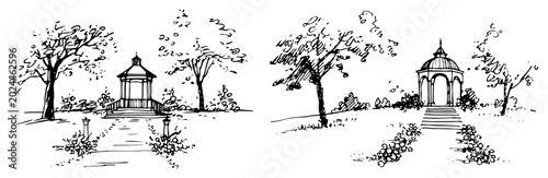 Foto Garden gazebo in park landscape with trees and pathways in sketchy hand drawn st