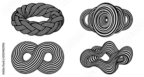 Minimal black optical illusion donut shapes with striped geometric vector elements