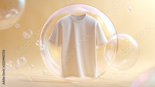 A white t-shirt floats in a bubble with yellow background