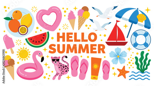 Hello summer collection with beach and tropical items.