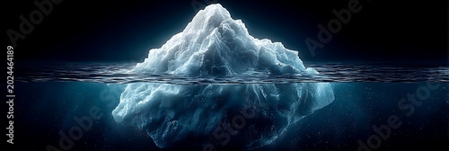 Massive iceberg floating in dark arctic waters showing tip above surface and large hidden mass underwater representing depth and environmental change in cinematic panoramic view