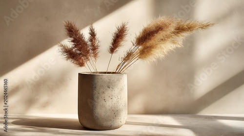 Dried pampas grass stalks in minimalist concrete vase standing on table with soft natural sunlight and shadows against neutral beige wall in modern aesthetic home interior decor