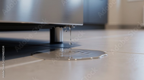 A stainless steel appliance leaks water onto a tiled kitchen floor, forming a puddle with ripples and indicating a need for repair.