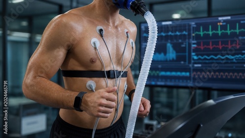 An athlete undergoes a VO2 max test on a treadmill, connected to sensors and monitors in a sports science lab.