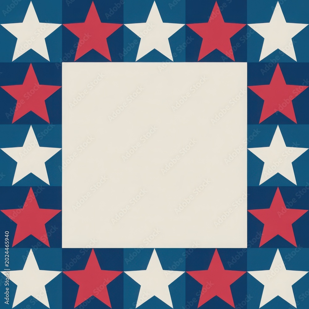 Fototapeta premium Patriotic square frame with red and white stars on blue background and central copy space