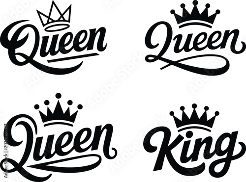 Queen and King Typography with Crown Set