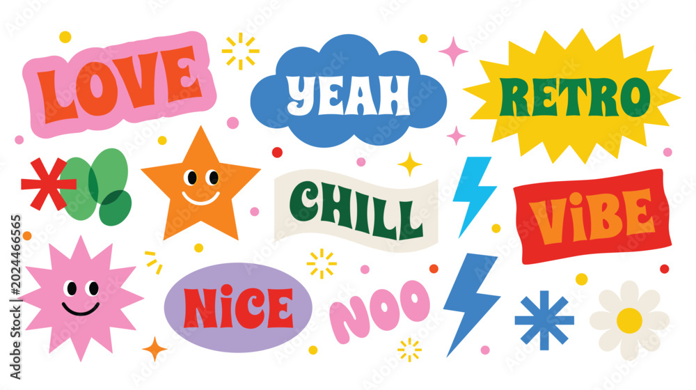 Fototapeta premium Retro vibes stickers with positive words and fun shapes.