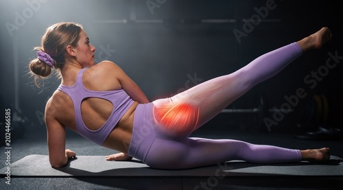 Athletic woman performing side leg lifts on a yoga mat in a dark gym with a glowing anatomical highlight on her gluteus medius muscle for fitness training and human body anatomy education.
