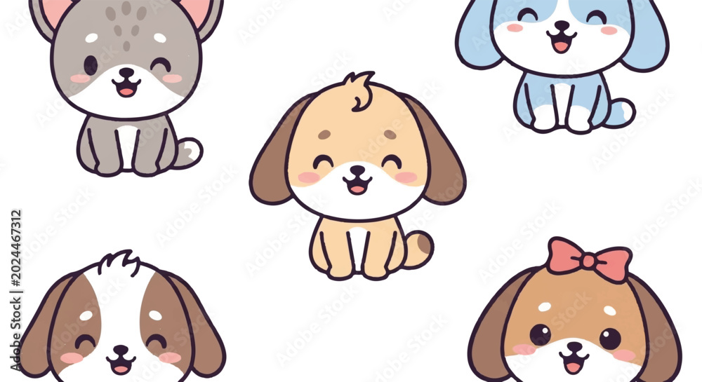 Obraz premium Cute Kawaii Puppies Collection Vector Illustration.