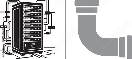 Foto Server rack with network cables and industrial pipe elbow vector illustration fo