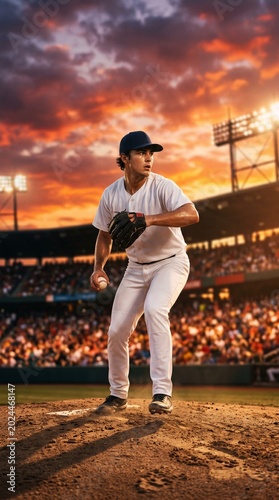 Young pitcher preparing to throw baseball on field at sunset  