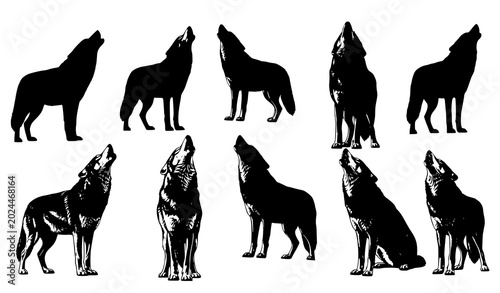 Canvastavla Collection of ten black silhouettes depicting a howling wolf in various dynamic