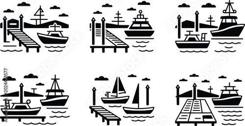 Obraz na płótnie Harbor ship boat dock marina sea black vector icon set