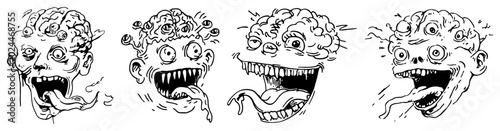 Photos Grotesque zombie heads with exposed brains bulging eyes and long tongues sketch