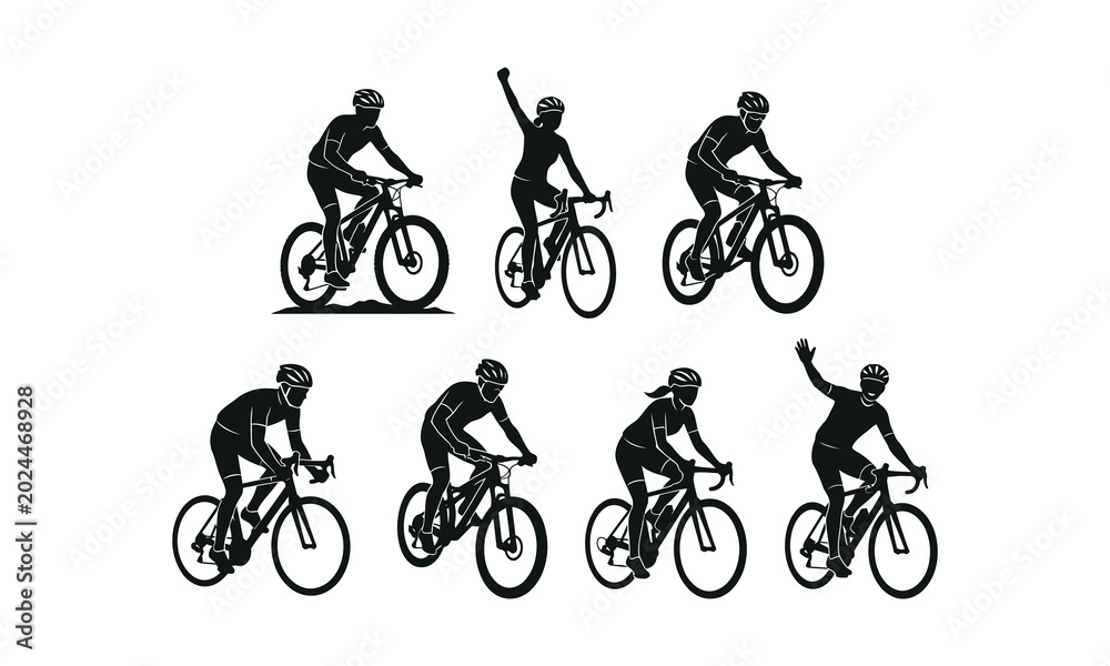 Obraz premium Cycling silhouette collection diverse poses of road and mountain bikers in black and white