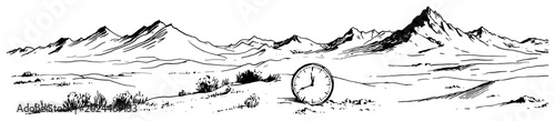 Foto Mountain landscape with clock in foreground representing passage of time in ink