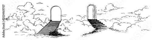 Fotografija Two stairways leading to arched portals in the sky minimalist line art style
