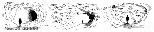 Photos Person walking through surreal tunnel of eyes in metaphorical ink drawing style