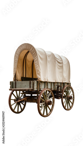 Quadro su tela Isolated historic wooden covered wagon with canvas top and spoked wheels for pioneer travel