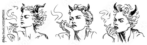 Foto Demon woman with horns smoking a cigarette set of character sketches