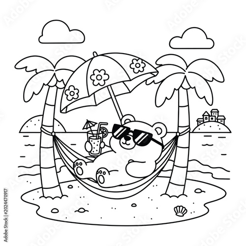 Konstfotografi Bear relaxing in a comfortable hammock on a tropical beach island is a fun outli