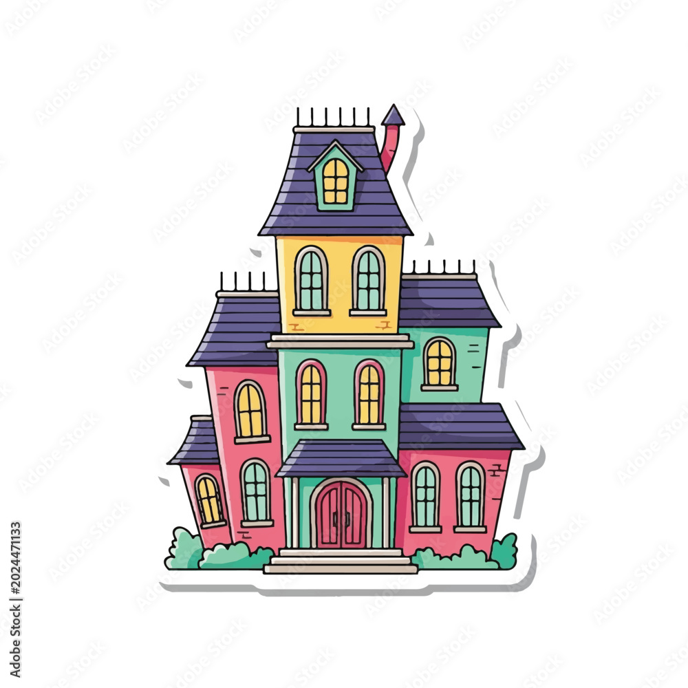 Naklejka premium Whimsical Haunted Mansion Illustration with Colorful Facade.