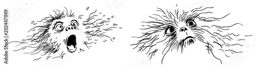 Konstfotografi Hairy little monsters with expressive faces in funny ink sketch style