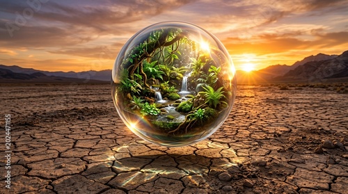 Lush green rainforest ecosystem enclosed in a glass sphere floating over a cracked desert landscape during sunset, conceptual art of climate change and hope.