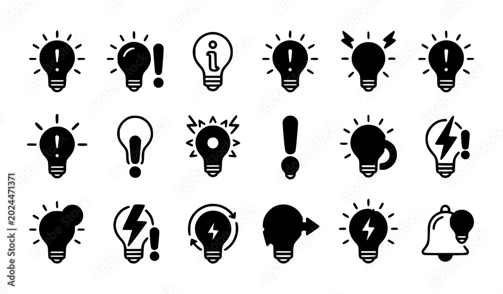 Obraz premium Creative Idea Light Bulb Black Silhouette Vector Icon Collection